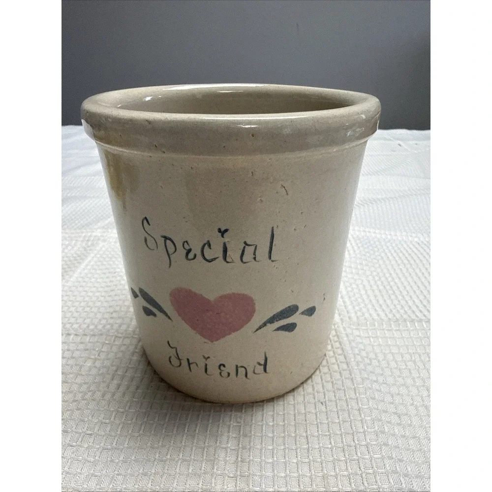 Vtg Stoneware Crock Utensil Holder Primitive Farmhouse Kitchen Heart Cottagecore